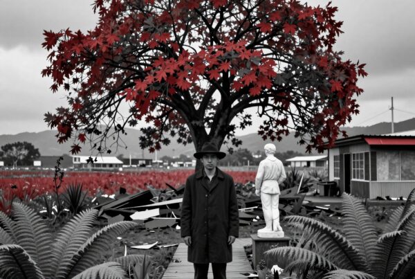 A man stands beneath a vivid red-leafed tree amidst a monochrome landscape with a statue and house.