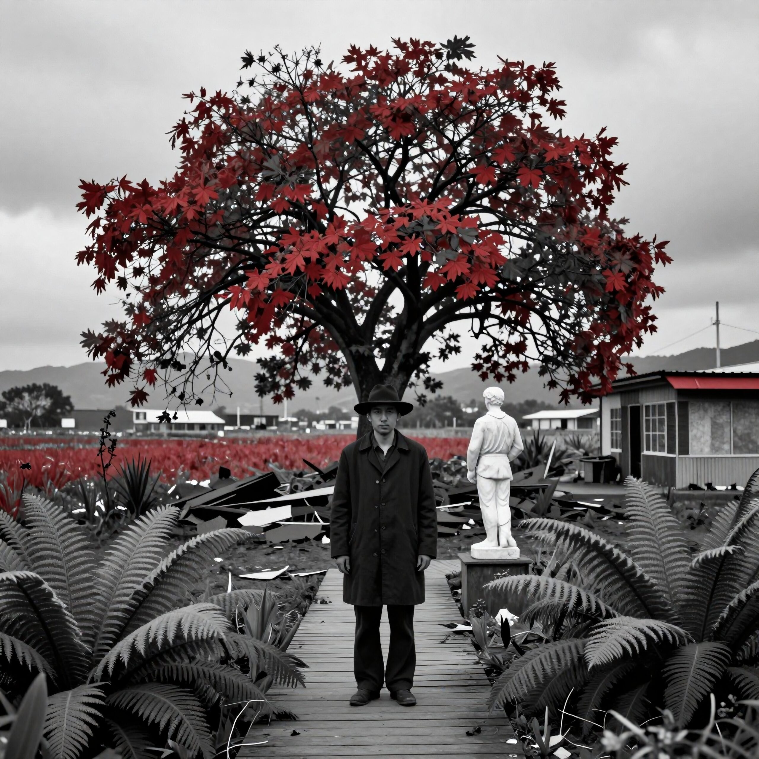 Man under tree in red