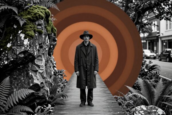 A man in a mysterious coat and hat stands on a pathway with a surreal orange portal, blending urban and natural elements.