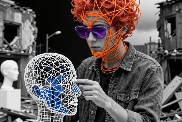 A futuristic scene with a person examining a wireframe head sculpture in a ruined setting, combining art and technology.