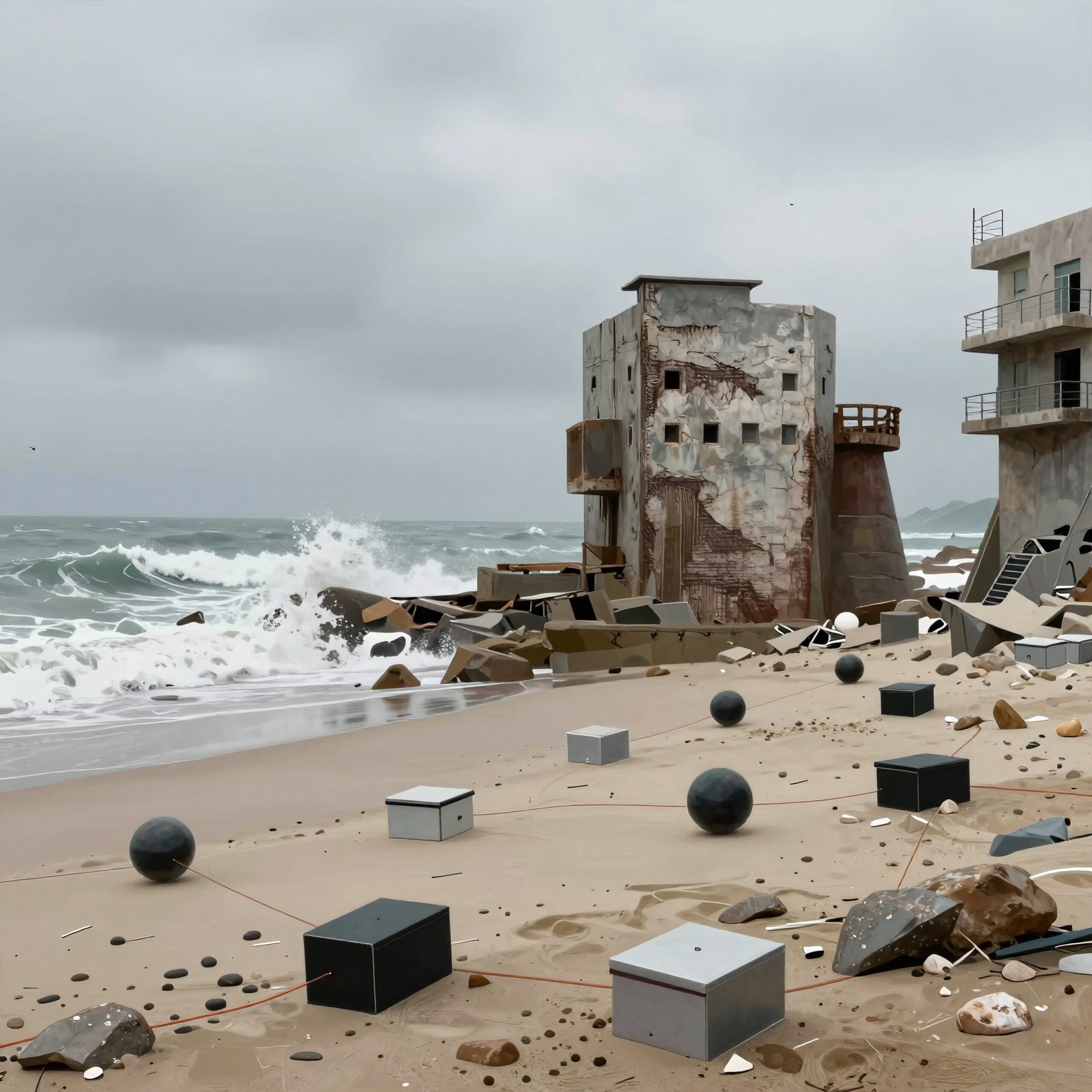 Desolate Beach with Geometric Shapes