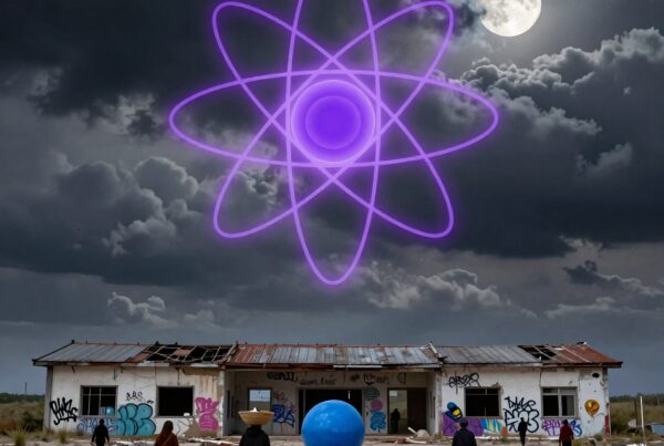 Abandoned building with glowing atom symbol in sky.