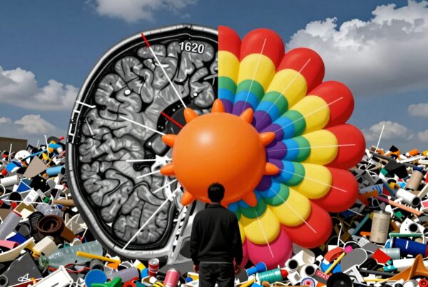 A man observes a giant brain amidst colorful plastic waste under a clear sky.