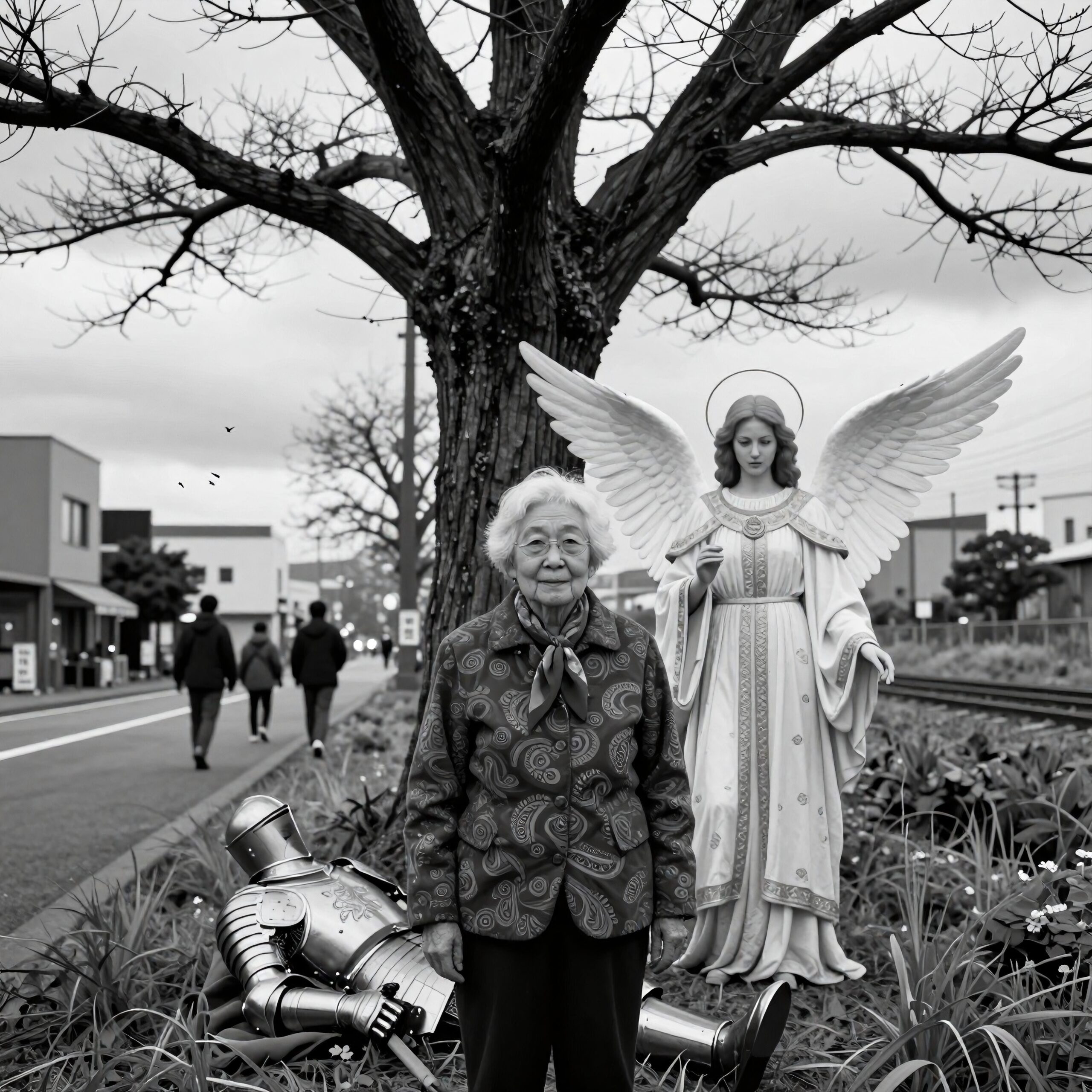 Elderly Woman and Angel Statue