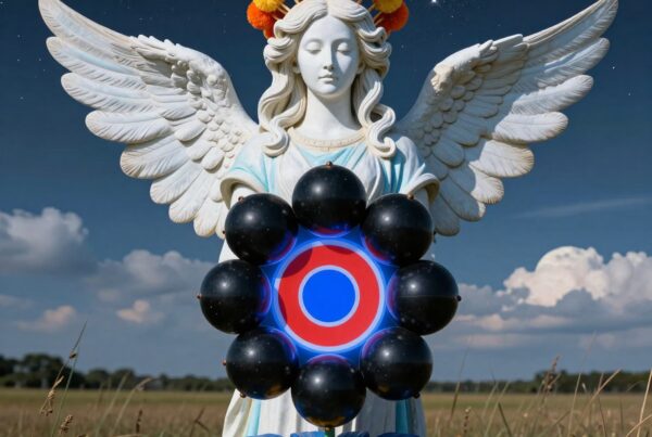 Statue of angel with wings, abstract floral design, twilight sky.