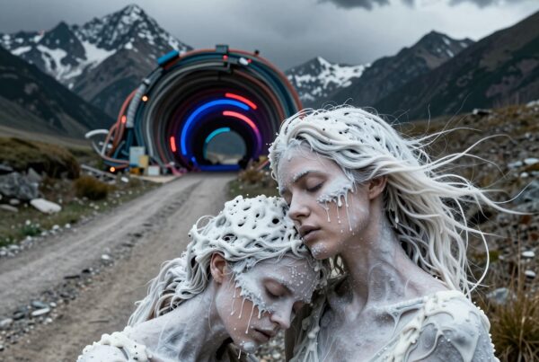 Surreal figures in white embrace in front of neon-lit tunnel amidst mountain landscape.