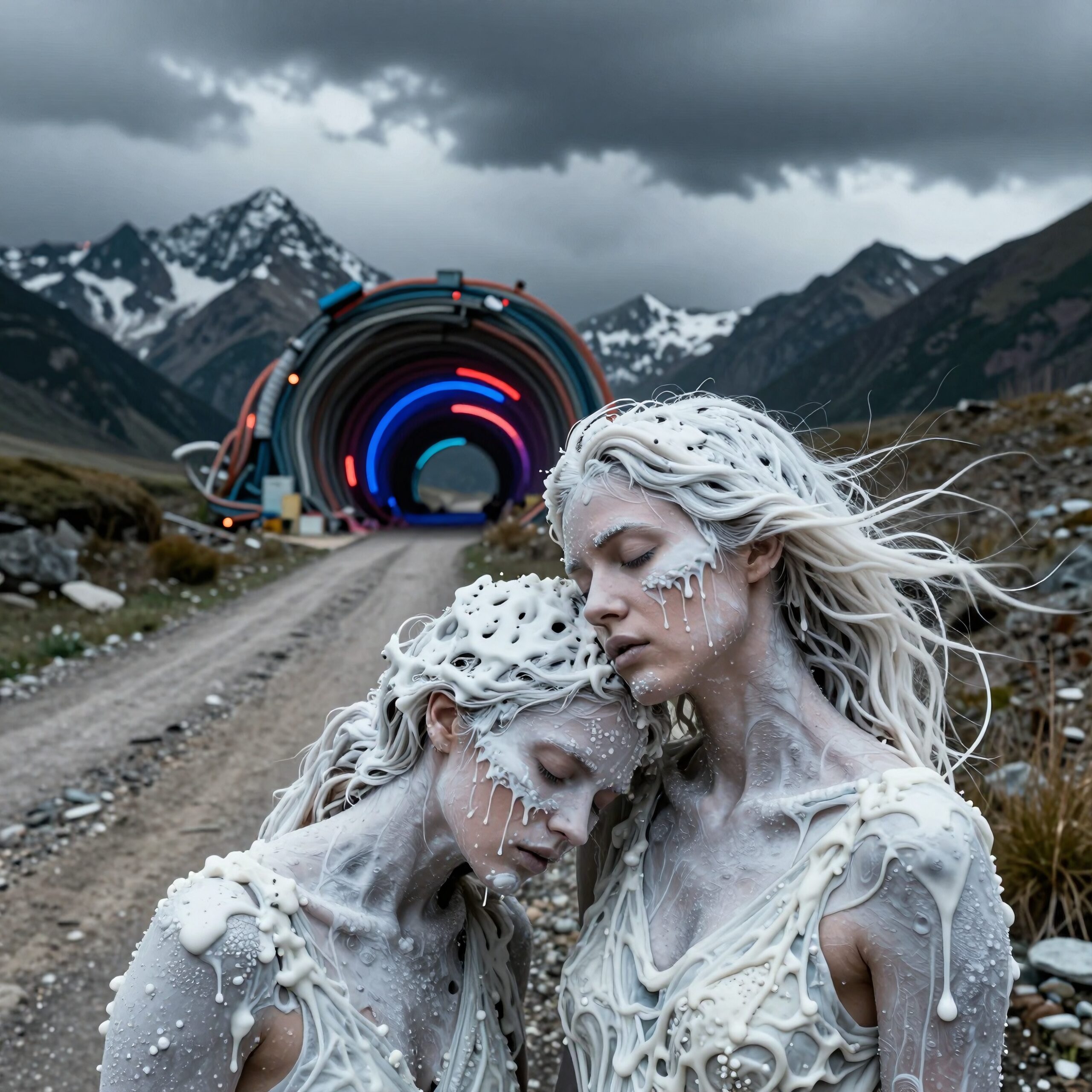 Mystic Figures Amidst Neon Portal