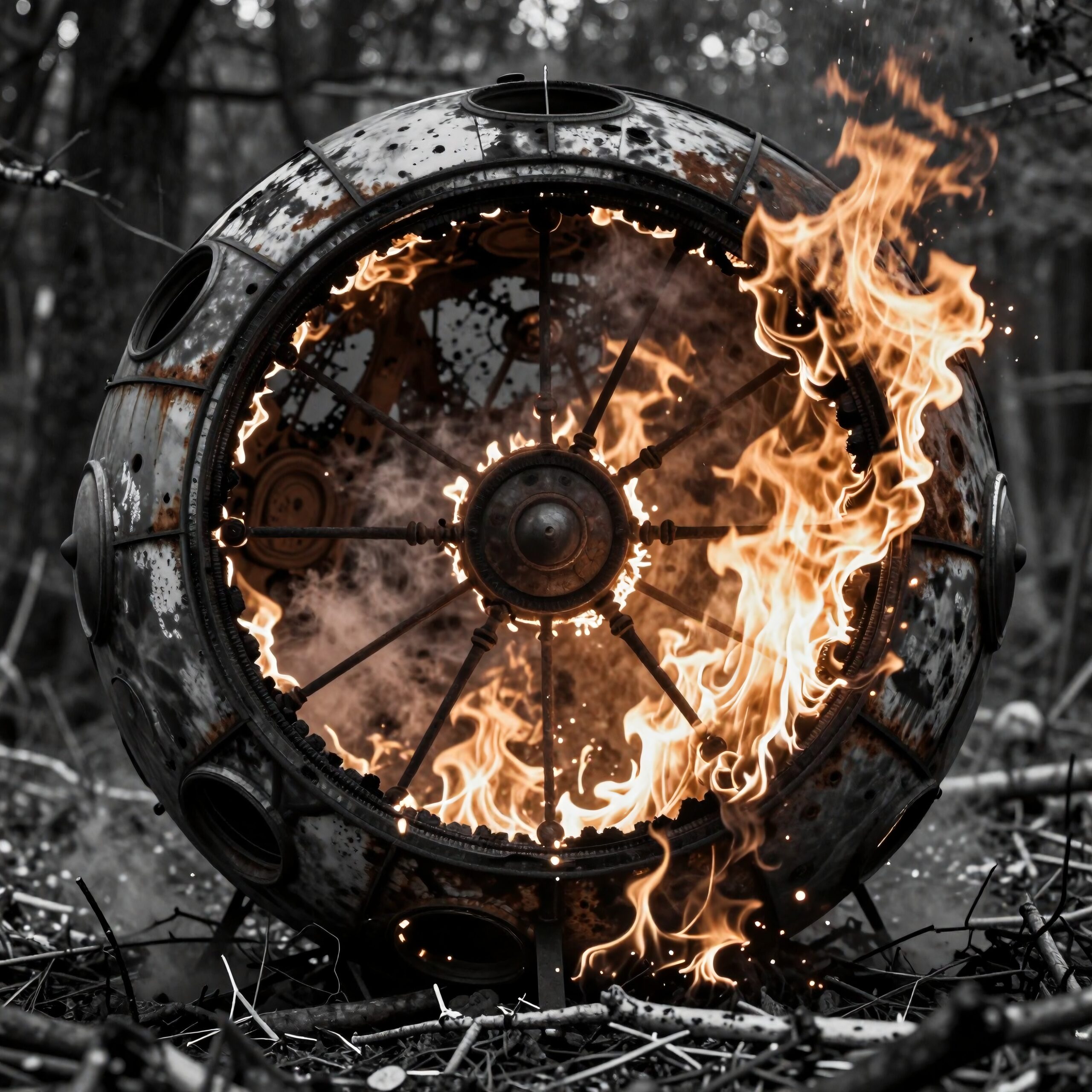 Rusted Sphere Amidst Bright Flames
