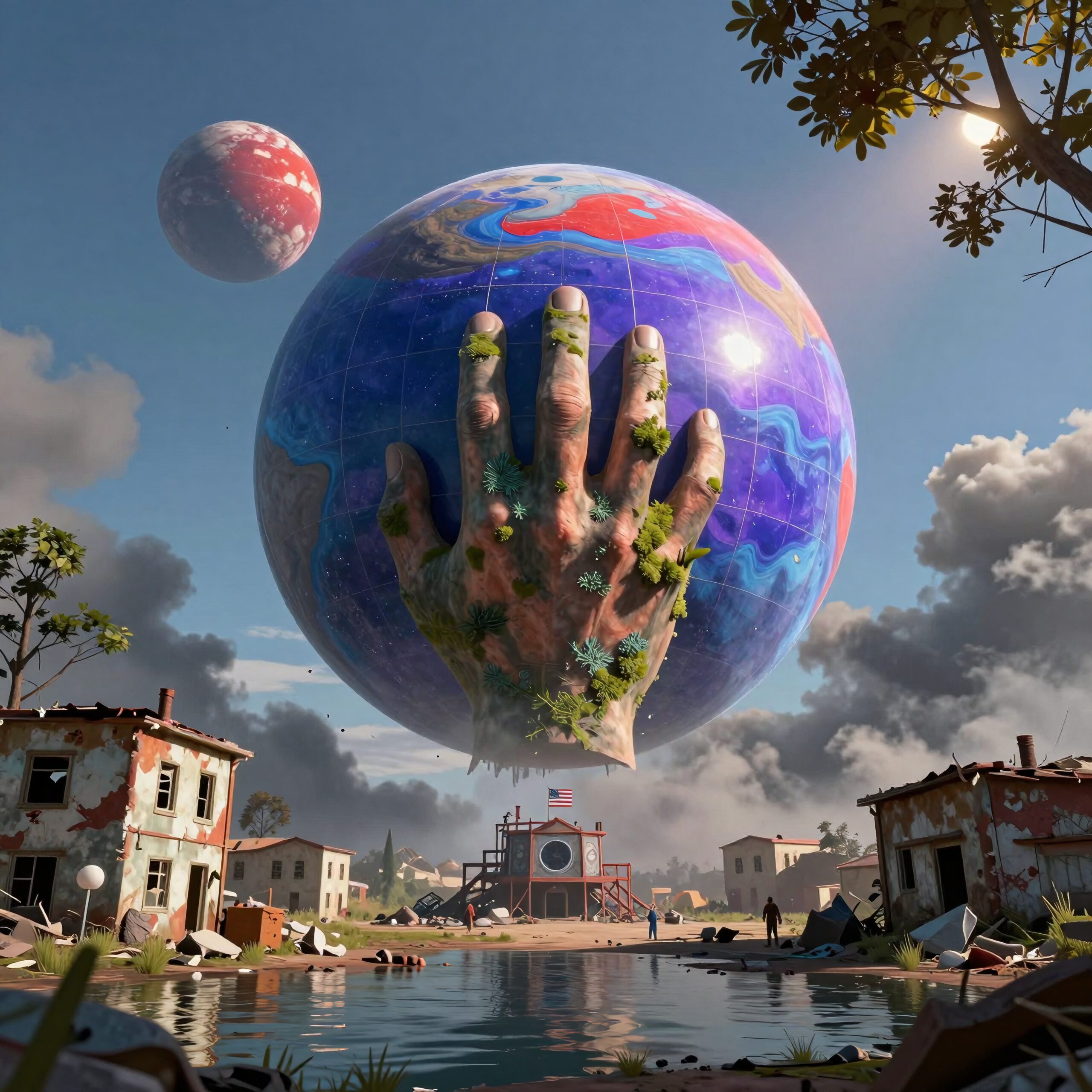 Surreal Hand Holds Cosmic Globe
