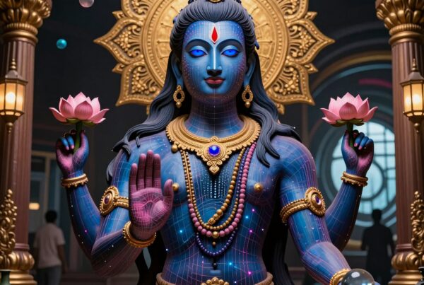 "Blue-skinned deity with lotus in ornate spiritual setting."
