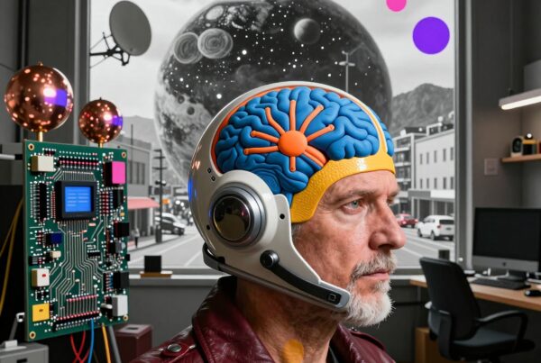 Futuristic image of a man with a brain-patterned helmet in an innovative office setting with space-themed window.