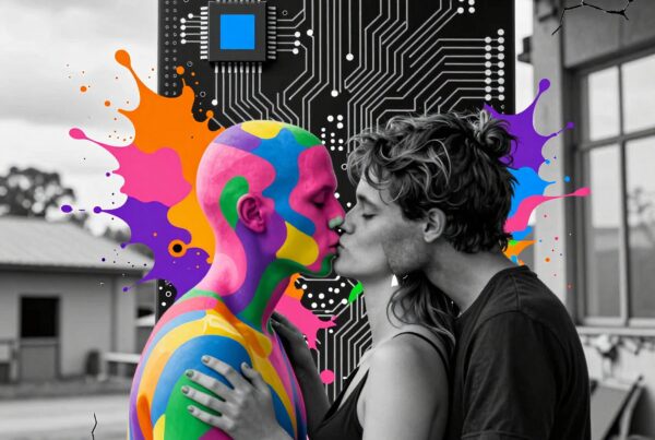 A vibrant figure and partner kiss with circuit board backdrop.