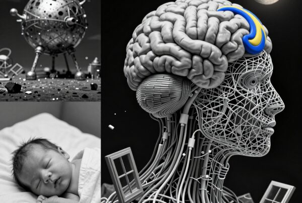 Futuristic human brain wired with technology and cosmic imagery.