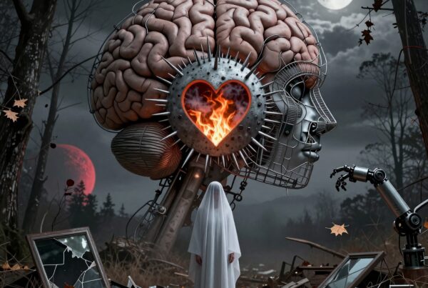 A ghostly figure and large brain in a robotic head amidst an eerie forest setting under full moons.
