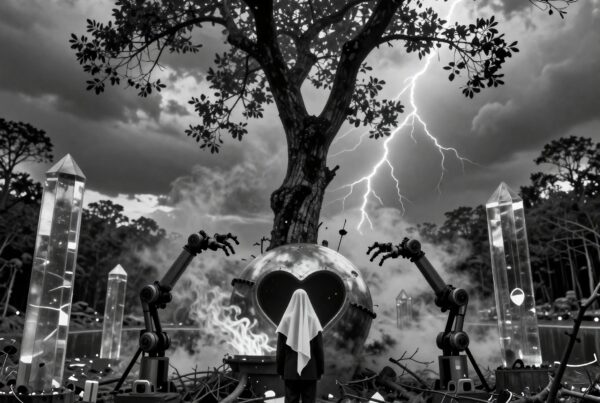 Surreal scene with a heart-shaped object, robotic arms, and crystals under stormy skies.
