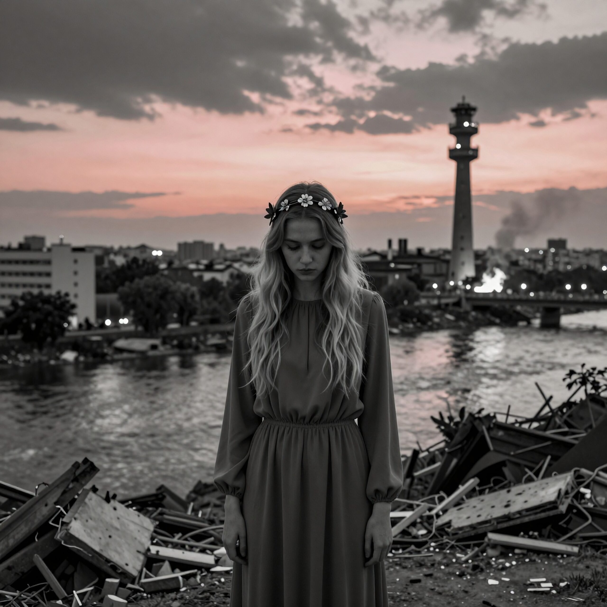 Twilight Overlooking City and Tower