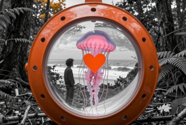 A pink jellyfish with a heart inside an orange frame in a monochrome forest.