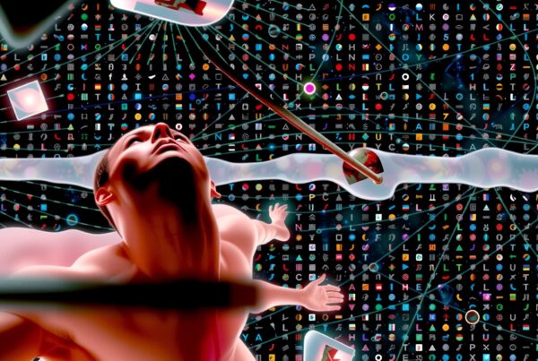 Futuristic digital scene with abstract symbols and human form.