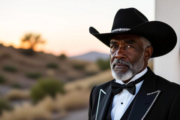 Elderly man in cowboy hat with a stylish suit against a scenic sunset backdrop.