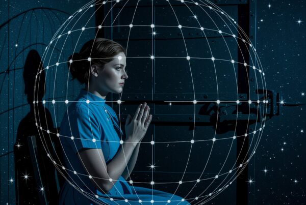 Woman in blue dress under a starry celestial grid, conveying themes of reflection and cosmic connection.
