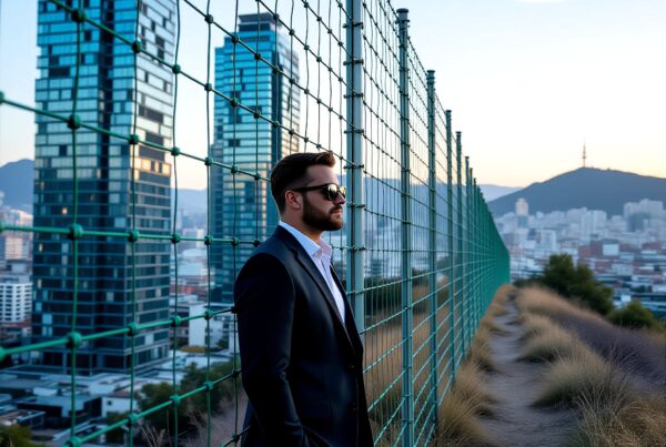 A man in a suit stands beside a fence on a rooftop, overlooking a cityscape at sunset.
