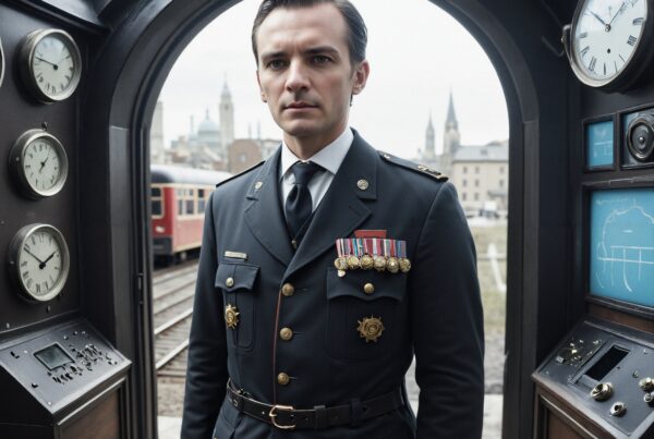 A man in a decorated uniform stands inside a train control room, surrounded by vintage clocks and instruments, overlooking a historical European cityscape.