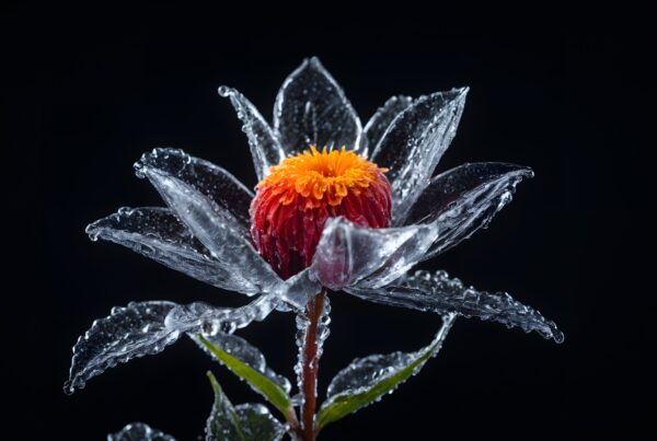 A close-up of a flower encased in ice with vibrant colors on a black background.
