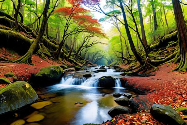 A tranquil forest stream flows beneath vibrant autumn trees, surrounded by moss-covered rocks and fallen leaves.