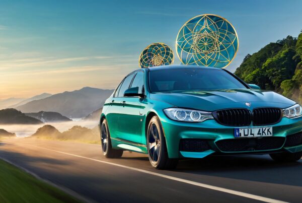 A turquoise sports car speeds along a scenic mountain road at sunrise, blending reality with dreamlike elements.