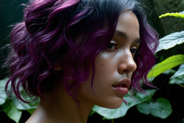 Young woman with purple hair, surrounded by vibrant leaves, looking contemplative.