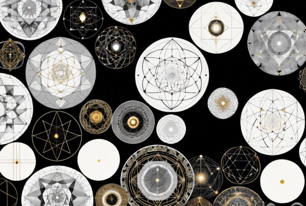 Intricate geometric patterns in circles against a black background showcasing elegance and symmetry.