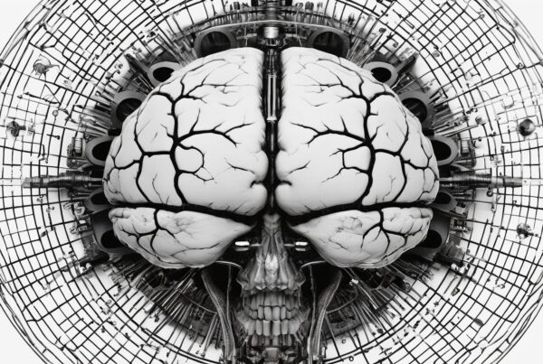 A monochromatic fusion of brain and mechanical elements forming a symmetrical design with a skull-like structure.