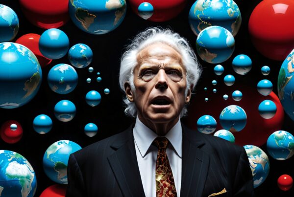 An elderly man in a suit and tie stands amidst floating globes, creating a surreal and dramatic visual effect.