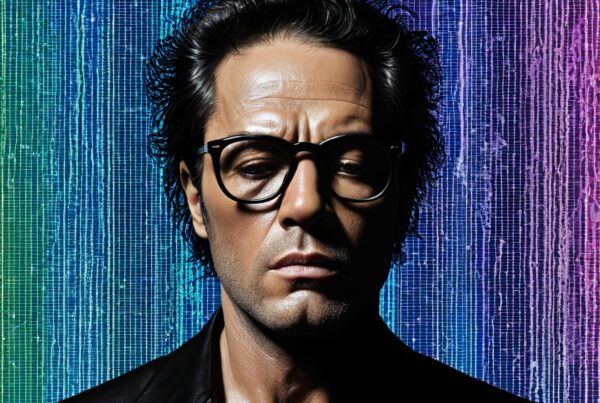 A person with glasses in front of a colorful, striped, gradient background in shades of green, blue, and pink.