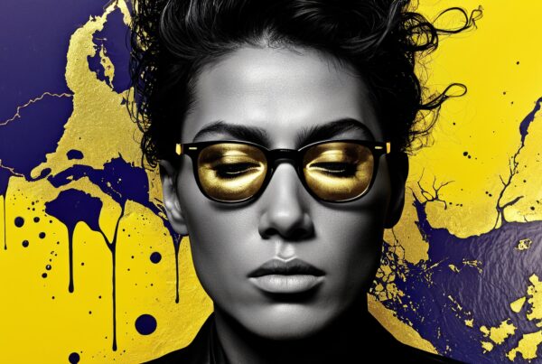 Artistic portrait with gold glasses and abstract, colorful background.