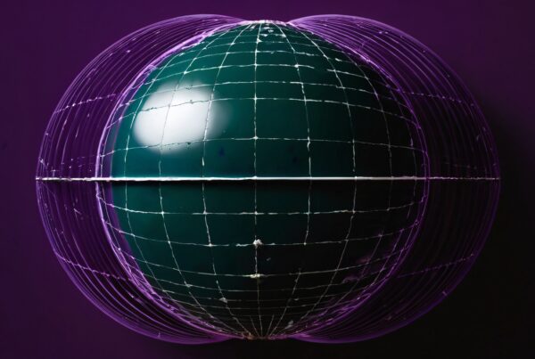 A spherical green object with a purple grid against a purple backdrop, showcasing a futuristic and abstract geometric design.