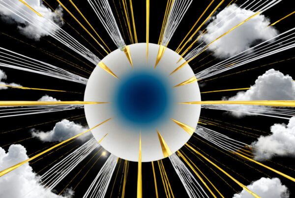Abstract design featuring a central sphere with blue and gold rays against a backdrop of white clouds.