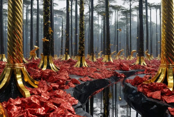 Surreal forest with gold columns and red foliage, creating an ethereal landscape.