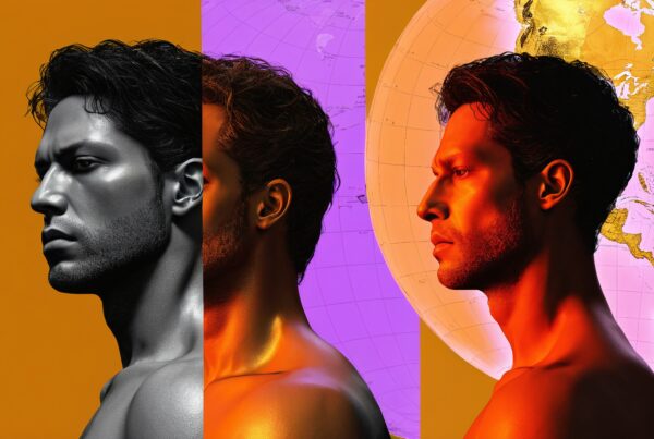 A three-part portrait with vibrant colors, featuring a man contrasted with monochrome and global maps.