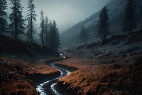 A winding river in a misty forest under a starry night sky.