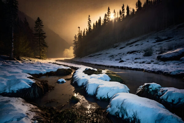 A winter stream in a snowy forest.