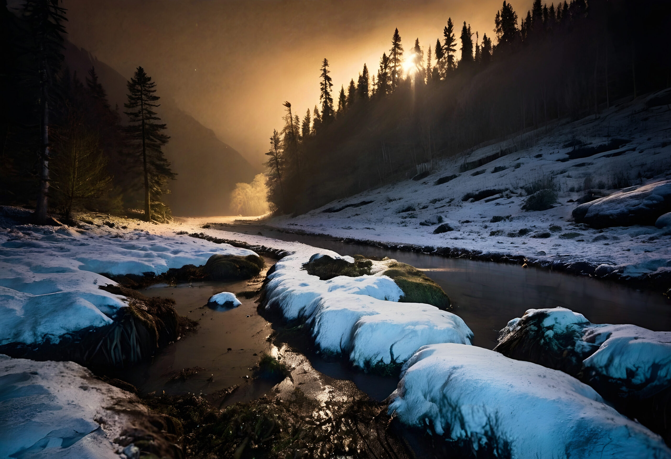 A winter stream in a snowy forest
