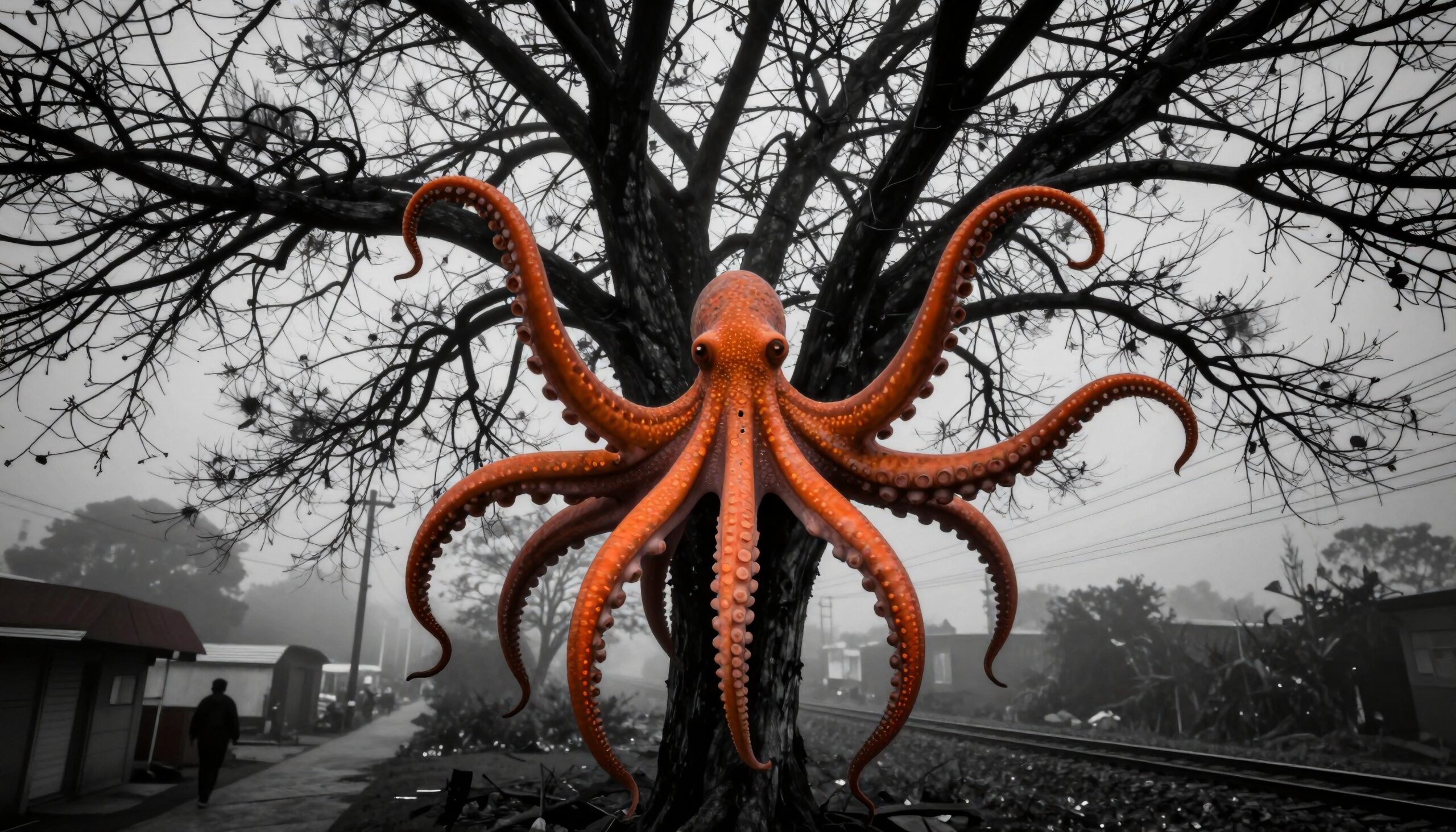 Octopus in urban tree landscape