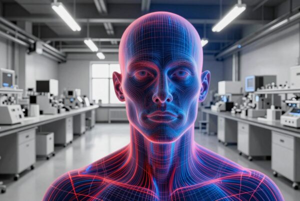 A digital human figure in a laboratory setting highlights technology's intersection with traditional science, featuring vibrant wireframe design.