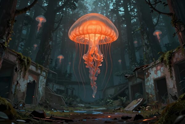 A glowing jellyfish floats in a mystical forest illuminated by ethereal light, surrounded by enchanting ruins.