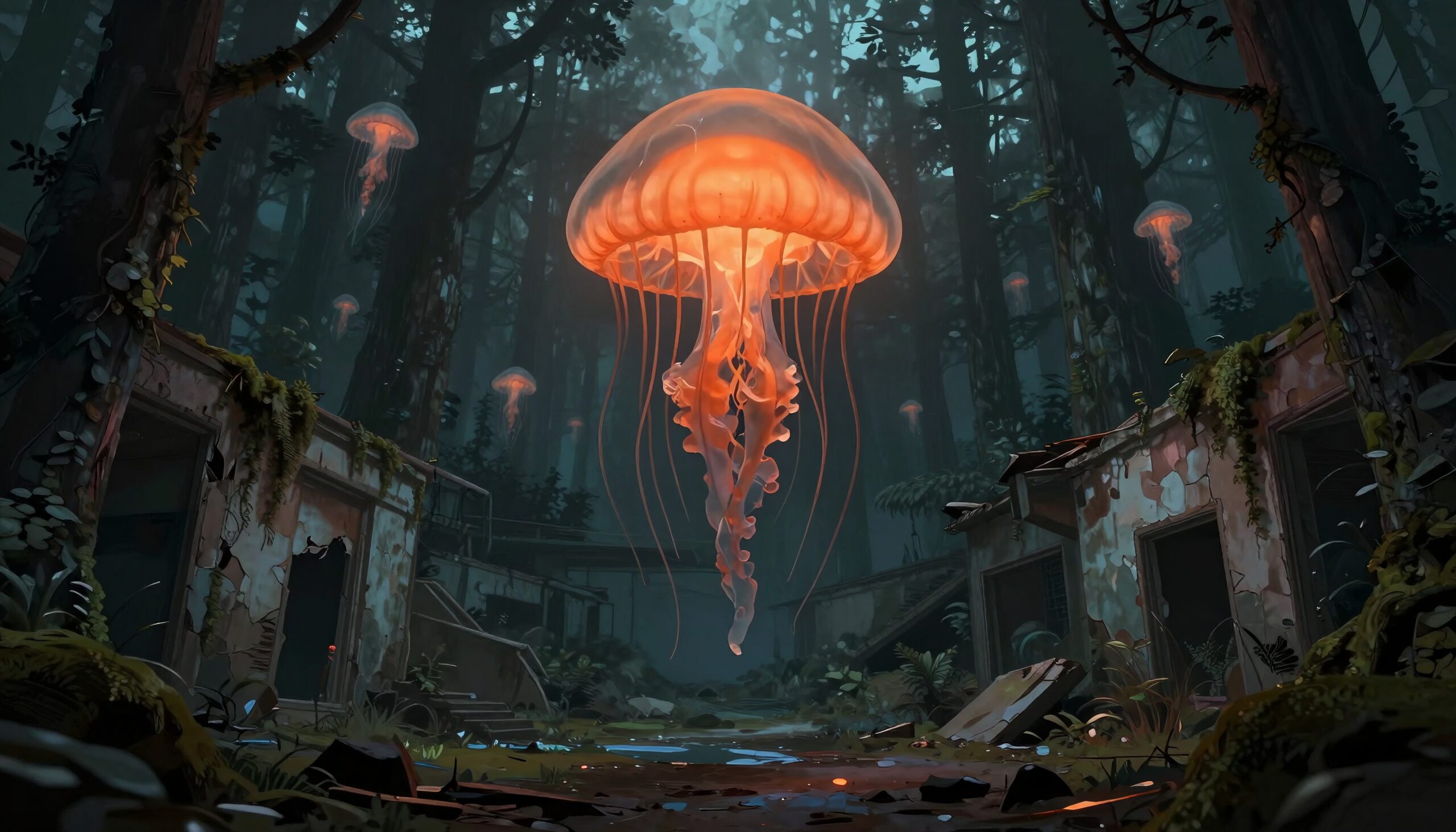 Floating Jellyfish Amidst Forest Ruins