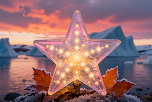 A lit star-shaped decoration with glowing bulbs, set against icy waters and a vibrant sunset sky, beside frosted autumn leaves.