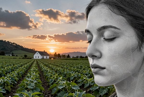 A woman’s digital portrait overlays a tranquil farm at sunset, blending technology and nature.