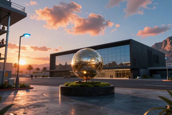A futuristic scene with a golden sphere, modern buildings, and a sunset sky.