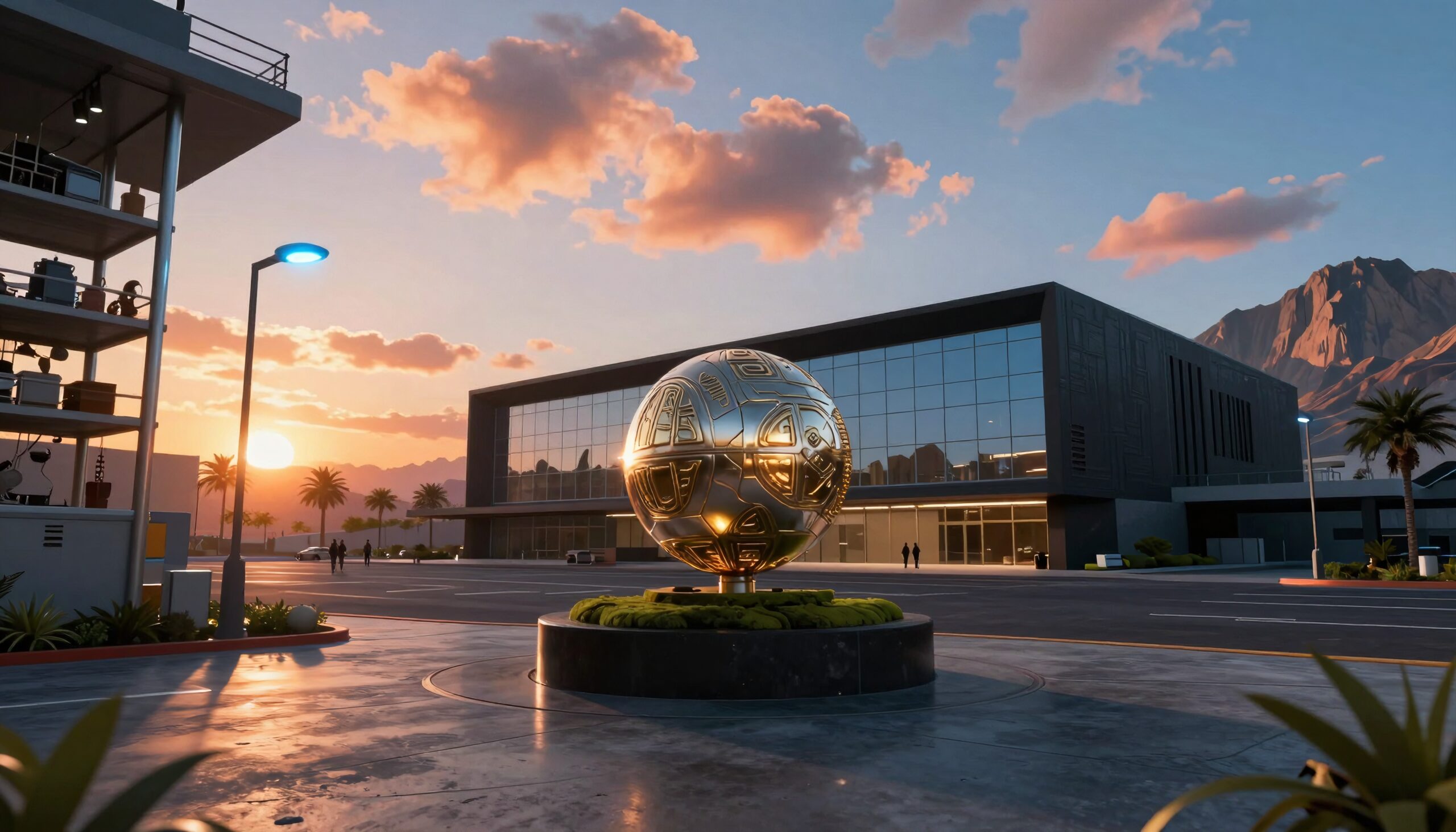 Golden Sphere in Modern Sunset